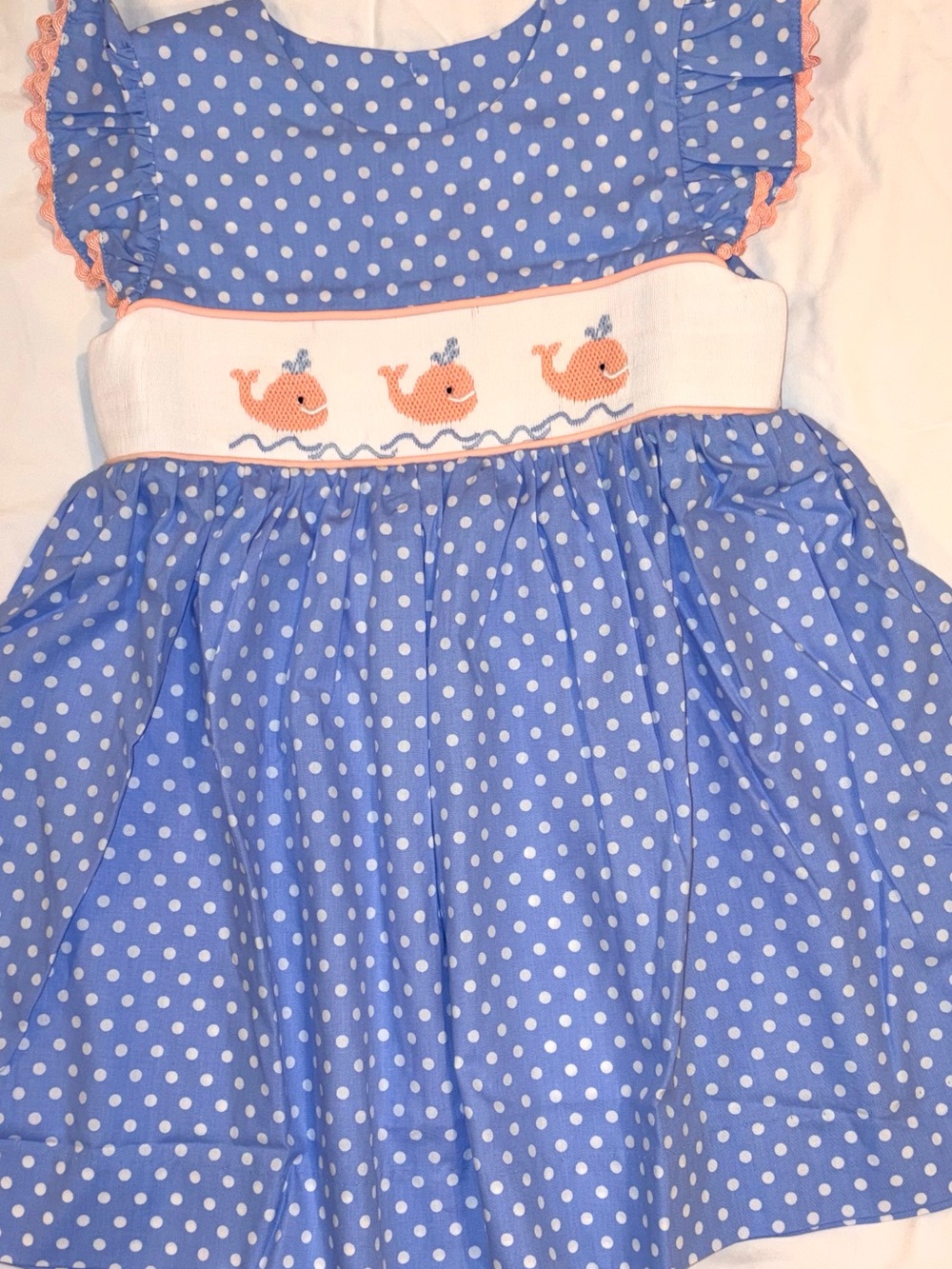 Stitchy Fish Blue Whale Waters smocked & embroidered polka dot dress sz 3T NWT